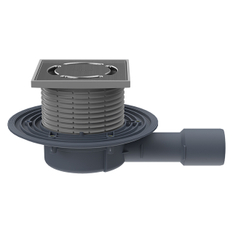 Balkónový a terasový vtok HL Hutterer & Lechner, DN40/50 s ležatým odtokem, s izolační přírubou, se sítkem na nečistoty, plast 123x123mm/nerez 115x115mm