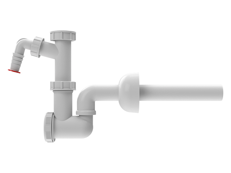 Zápachová uzávěrka k umyvadlu HL Hutterer & Lechner, DN40x5/4˝ s přípojkou pro pračku se zpětným uzávěrem, čistící vložkou, a otáčivým ramenem odtoku