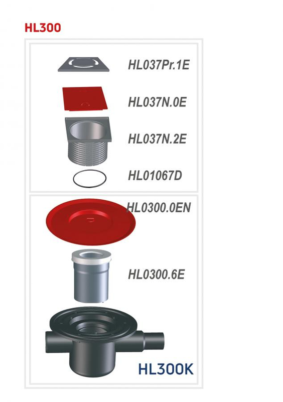 Podlahová vpust HL Hutterer & Lechner, DN50 s ležatým odtokem, s izolační přírubou, ZU standard - vodní, s přítokovou trubkou DN40/50, plast 123x123mm/nerez 115x115mm