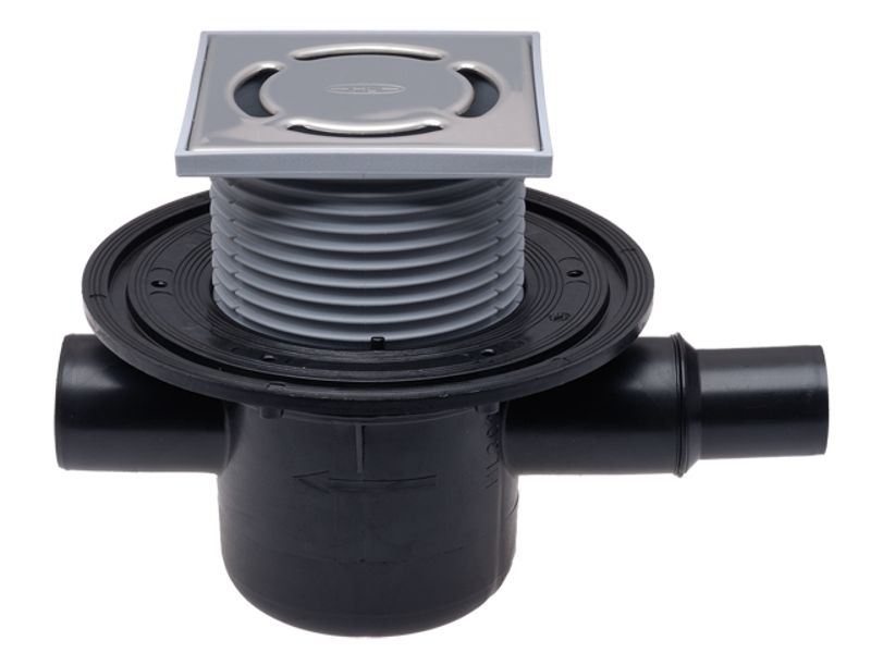 Podlahová vpust HL Hutterer & Lechner, DN50 s ležatým odtokem, s izolační přírubou, ZU standard - vodní, s přítokovou trubkou DN40/50, plast 123x123mm/nerez 115x115mm