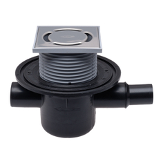 Podlahová vpust HL Hutterer & Lechner, DN50 s ležatým odtokem, s izolační přírubou, ZU standard - vodní, s přítokovou trubkou DN40/50, plast 123x123mm/nerez 115x115mm