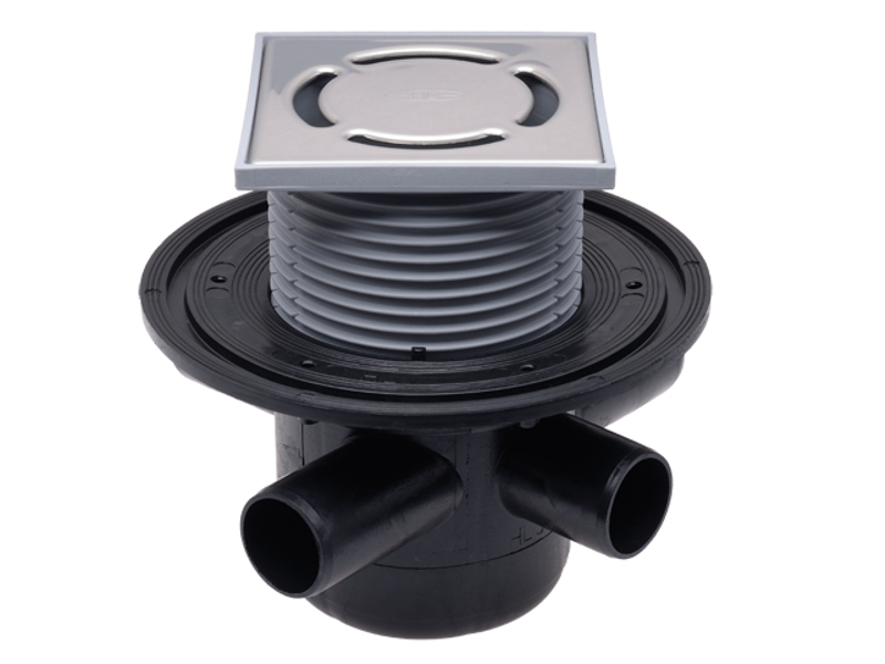 Podlahová vpust HL Hutterer & Lechner, DN50 s ležatým odtokem, ZU standard - vodní, 3 přítokové trubky DN40, 123x123mm/115x115mm