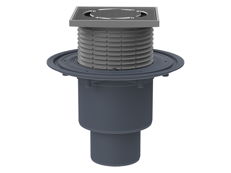 Podlahová vpust HL Hutterer & Lechner, DN50/75/110 se svislým odtokem, s izolační přírubou, ZU standard - vodní, plast 123x123mm/nerez 115x115mm