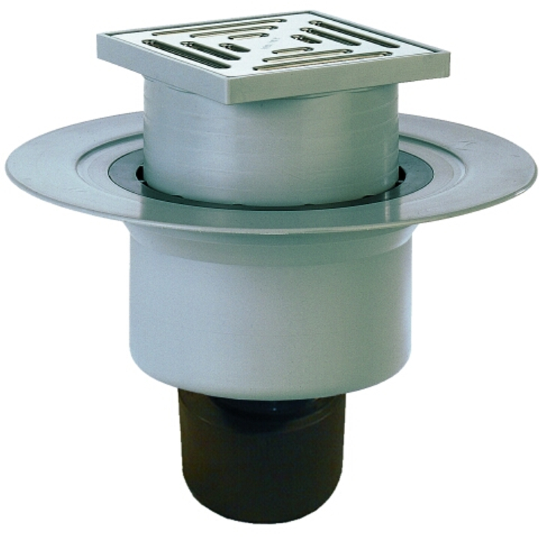 Podlahová vpust HL Hutterer & Lechner, DN50/75/110 se svislým odtokem, s izolační přírubou, ZU standard - vodní, plast 147x147mm/ nerez 138x138mm, sítko