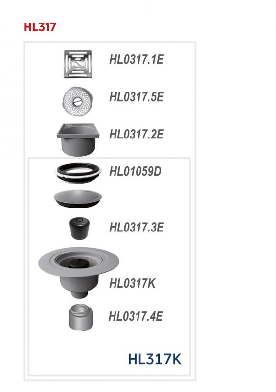 Podlahová vpust HL Hutterer & Lechner, DN50/75/110 se svislým odtokem, s izolační přírubou, ZU standard - vodní, plast 147x147mm/ nerez 138x138mm, sítko