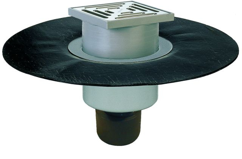 Podlahová vpust HL Hutterer & Lechner, DN50/75/110 se svislým odtokem s asfaltovou manžetou, ZU standard - vodní, plast 147x147mm/nerez 138x138mm, sítko