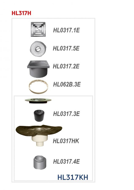 Podlahová vpust HL Hutterer & Lechner, DN50/75/110 se svislým odtokem s asfaltovou manžetou, ZU standard - vodní, plast 147x147mm/nerez 138x138mm, sítko