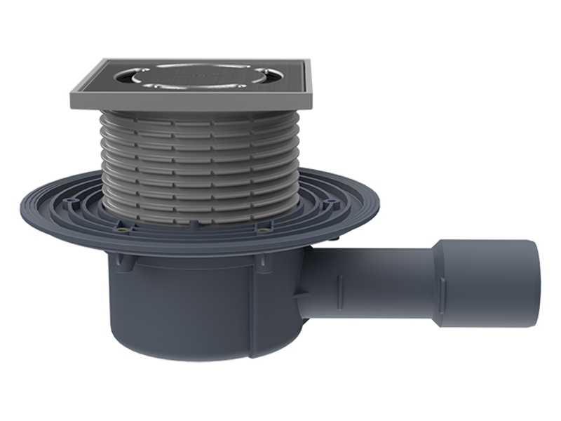 Podlahová vpust HL Hutterer & Lechner, DN40/50 s ležatým odtokem, s izolační přírubou, ZU standard - vodní, plast 123x123mm/nerez 115x115mm