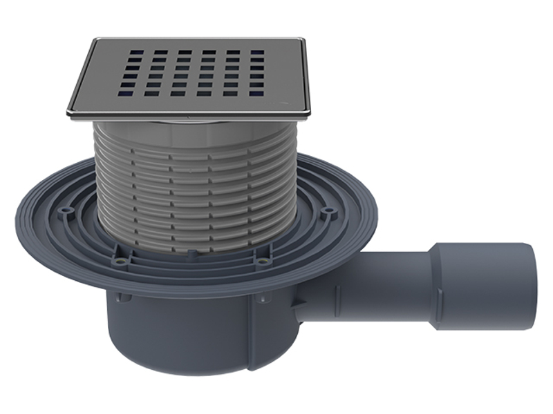 Podlahová vpust HL Hutterer & Lechner, DN40/50 s ležatým odtokem, s izolační přírubou, ZU Primus blue (suchý sifon), nerez 121x 121mm /nerez 115 x 115mm ˝QUADRA˝.