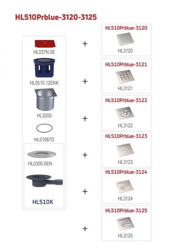 Podlahová vpust HL Hutterer & Lechner, DN40/50 s ležatým odtokem, s izolační přírubou, ZU Primus blue (suchý sifon), nerez 121x 121mm /nerez 115 x 115mm ˝QUADRA˝.