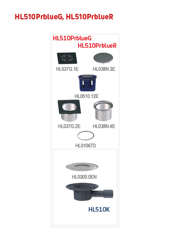 Podlahová vpust HL Hutterer & Lechner, DN40/50 s ležatým odtokem, s izolační přírubou, ZU Primus blue (suchý sifon), litina 150x150mm/litina 137x137mm, L15