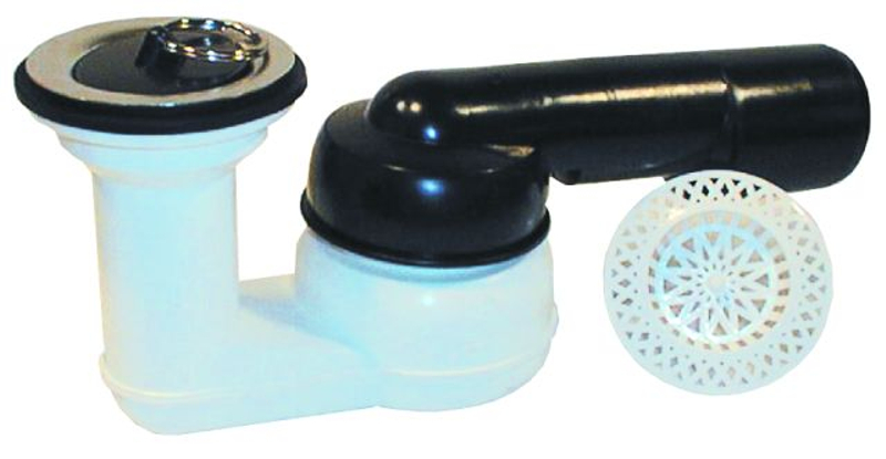 Zápachová uzávěrka HL Hutterer & Lechner, DN40/5Ox6/4˝ s ležatým odtokem, pro vany sprchových koutů s odpadním ventilem 6/4˝ a zátkou, s kulovým kloubem na odtoku