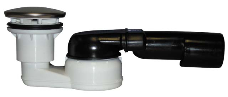 Zápachová uzávěrka HL Hutterer & Lechner, DN40/50x6/4˝ s ležatým odtokem, pro vany sprchových koutů, s krytkou z ušlechtilé oceli d 86mm, s kulovým kloubem na odtoku