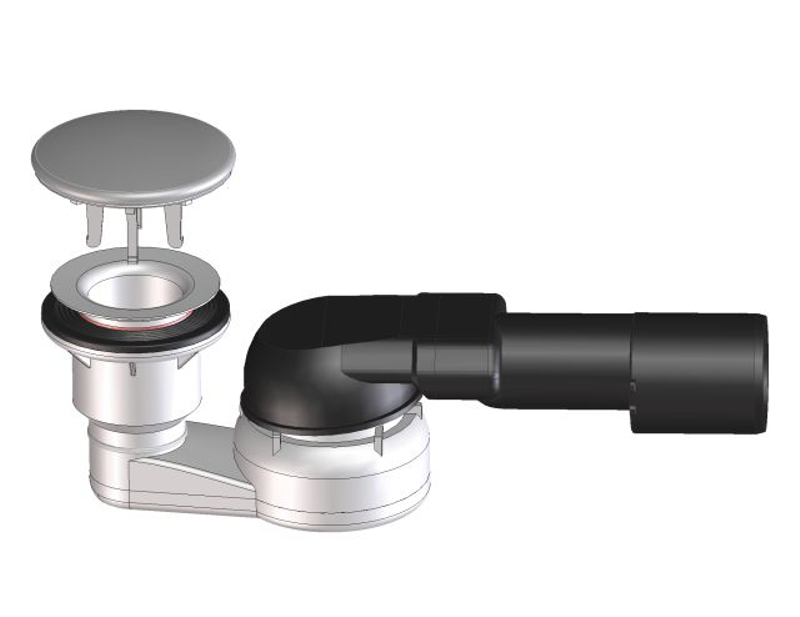 Zápachová uzávěrka HL Hutterer & Lechner, DN40/50x80mm s ležatým odtokem, pro vany sprchových koutů, s krytkou z ušlechtilé oceli d 86mm, s kulovým kloubem na odtoku