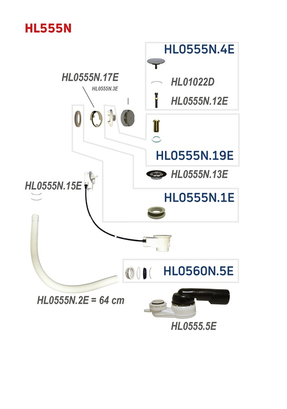 Odpadní souprava pro koupací vany HL Hutterer & Lechner, DN40/50 se zápachovou uzávěrkou 6/4˝s kulovým kloubem na odtoku, včetně připojení na hadici 8-13mm, boowden 60cm.