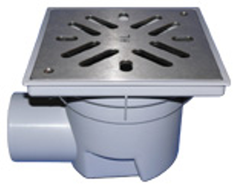 Velkokapacitní (dvorní) vtok HL Hutterer & Lechner, DN110 s ležatým odtokem, se suchou nezámrznou zápachovou klapkou, koš na nečistoty, plast 240x240mm/nerez 226x226mm, L15