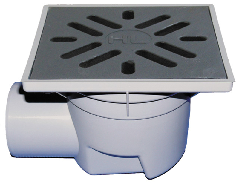 Velkokapacitní vpust HL Hutterer & Lechner, DN110 s ležatým odtokem, ZU standardní - vodní, koš na nečistoty, plast 240x240mm/litina 226x226mm, L15