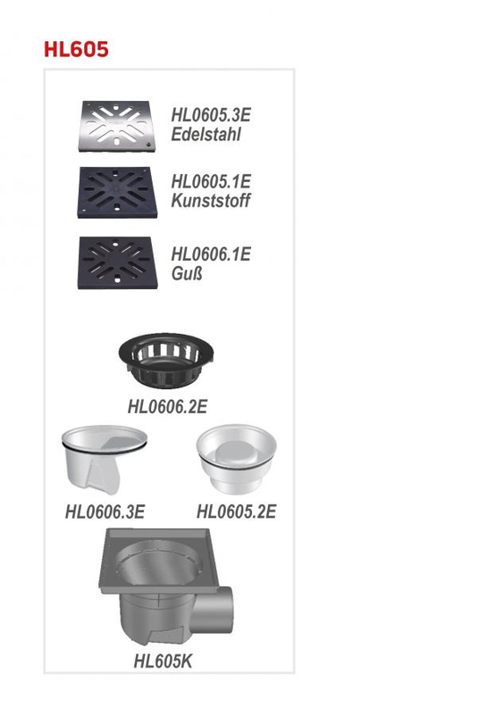 Velkokapacitní vpust HL Hutterer & Lechner, DN110 s ležatým odtokem, ZU standardní - vodní, koš na nečistoty, plast 240x240mm/litina 226x226mm, L15