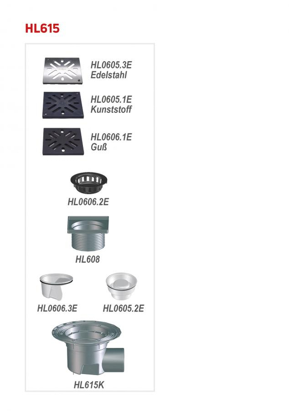 Velkokapacitní (dvorní) vtok HL Hutterer & Lechner, DN110 s ležatým odtokem, se suchou nezámrznou zápachovou klapkou, koš na nečistoty, s izolační přírubou, plast 240x240mm/litina 226x226mm, L15