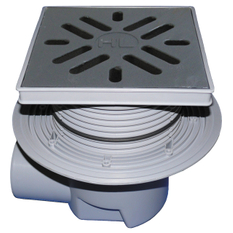 Velkokapacitní (dvorní) vtok HL Hutterer & Lechner, DN110 s ležatým odtokem, se suchou nezámrznou zápachovou klapkou, koš na nečistoty, s izolační přírubou, plast 240x240mm/litina 226x226mm, L15