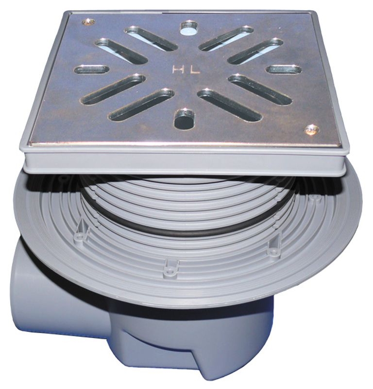 Velkokapacitní (dvorní) vtok HL Hutterer & Lechner, DN110 s ležatým odtokem, s izolační přírubou, se suchou nezámrznou zápachovou klapkou, koš na nečistoty, plast 240x240mm/nerez 226x226mm, L15
