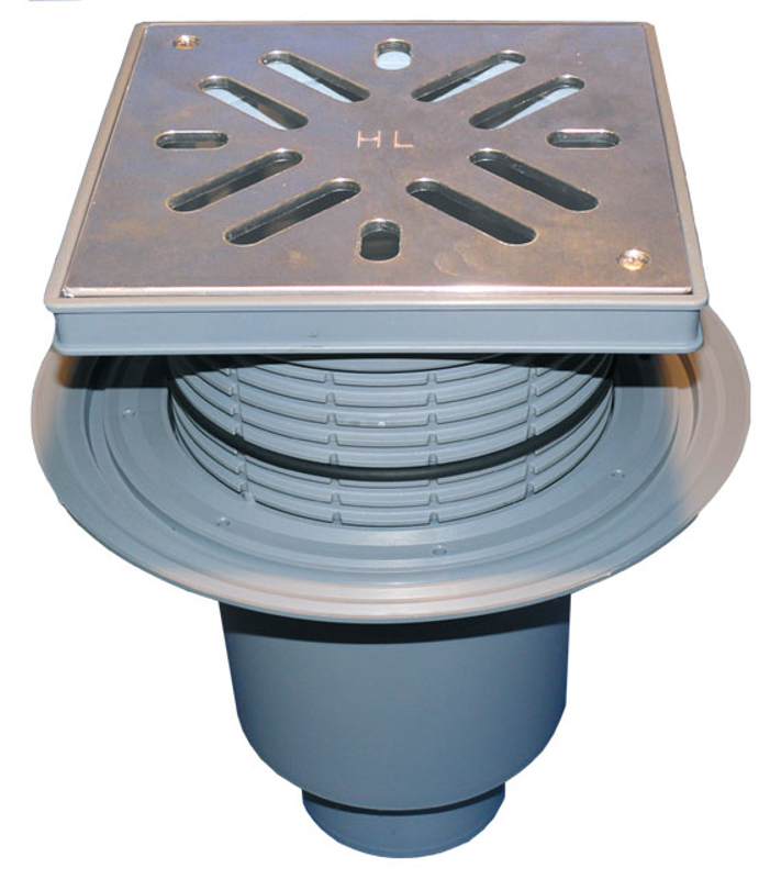 Velkokapacitní (dvorní) vtok HL Hutterer & Lechner, DN110 se svislým odtokem, s izolační přírubou, se suchou nezámrznou zápachovou klapkou, koš na nečistoty, plast 240x240mm/nerez 226x226mm, L15