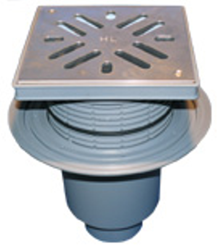 Velkokapacitní (dvorní) vtok HL Hutterer & Lechner, DN110 se svislým odtokem, s izolační přírubou, se suchou nezámrznou zápachovou klapkou, koš na nečistoty, plast 240x240mm/nerez 226x226mm, L15