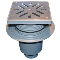 Velkokapacitní (dvorní) vtok HL Hutterer & Lechner, DN110 se svislým odtokem, s izolační přírubou, se suchou nezámrznou zápachovou klapkou, koš na nečistoty, plast 240x240mm/nerez 226x226mm, L15