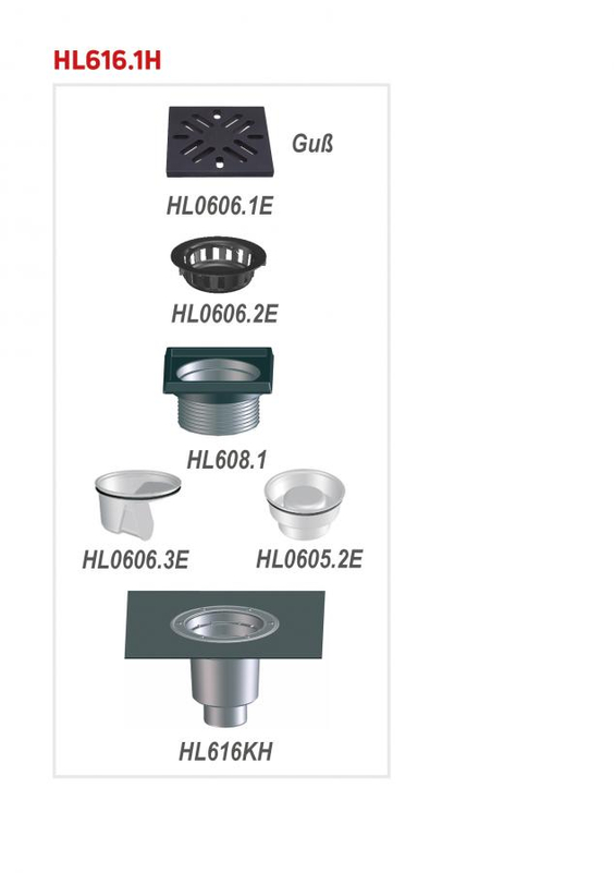 Velkokapacitní (dvorní) vtok HL Hutterer & Lechner, DN110 se svislým odtokem, se suchou nezámrznou zápachovou klapkou, koš na nečistoty, s asfaltovou manžetou, plast 240x240mm/nerez 226x226mm, L15