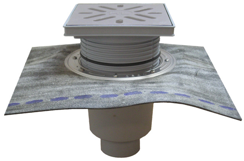 Velkokapacitní (dvorní) vtok HL Hutterer & Lechner, DN110 se svislým odtokem, se suchou nezámrznou zápachovou klapkou, koš na nečistoty, s asfaltovou manžetou, plast 240x240mm/nerez 226x226mm, L15