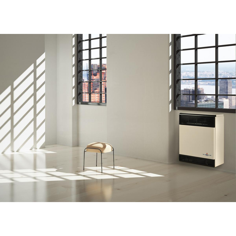 Plynové topidlo Karma Beta 5E 01 Electronic, o výkonu 4,7 kW, s odtahem spalin přes zeď a velmi jednoduchou obsluhou, s elektronickým řídícím systémem, vestavěné spínací hodiny, slonová kost