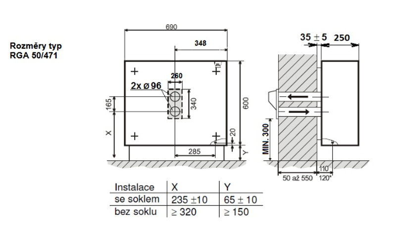 Plynové topidlo Karma Gamat 471, o výkonu 4,6 kW, s odtahem spalin přes zeď (trubky nad sebou), mechanická regulace teploty – termostat a piezozapalovač, slonová kost