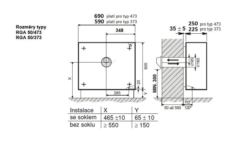 Plynové topidlo Karma Gamat 473, o výkonu 4,6 kW, s odtahem spalin přes zeď (trubka v trubce), mechanická regulace teploty – termostat a piezozapalovač, slonová kost