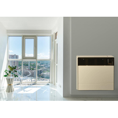 Plynové topidlo Karma Gamat 473, o výkonu 4,6 kW, s odtahem spalin přes zeď (trubka v trubce), mechanická regulace teploty – termostat a piezozapalovač, slonová kost