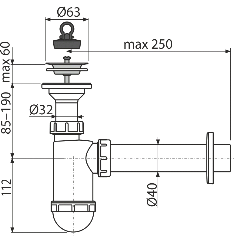 Sifon umyvadlový Alcadrain (Alcaplast) DN40 s nerezovou mřížkou DN63 A41