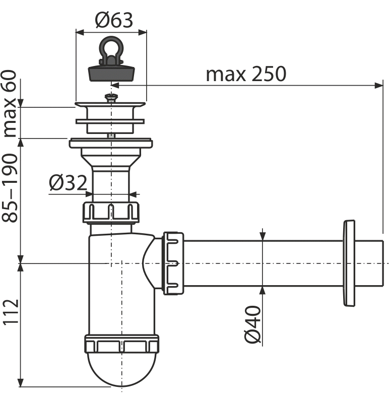 Sifon umyvadlový Alcadrain (Alcaplast) DN40 s plastovou mřížkou DN63 A42