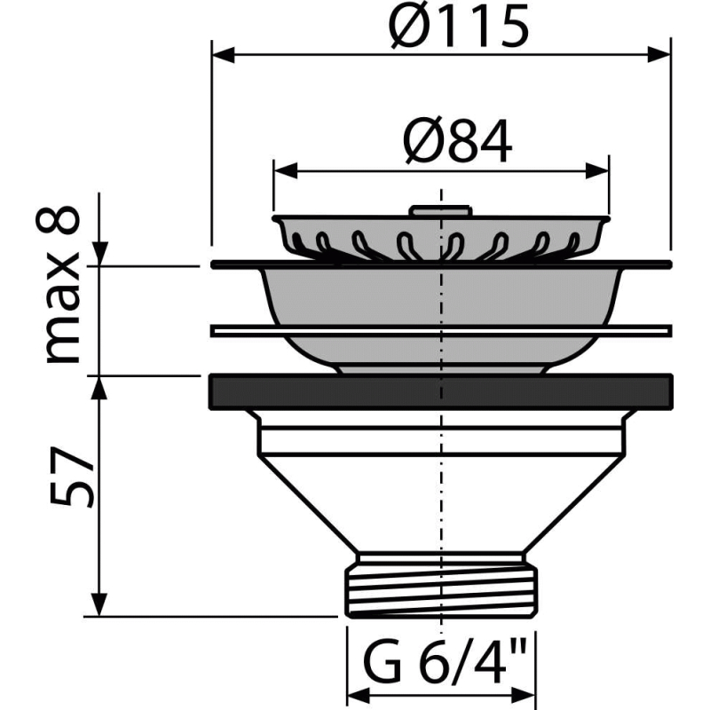Výpust dřezová Alcadrain (Alcaplast) 6/4˝ s nerezovou mřížkou DN115 A37
