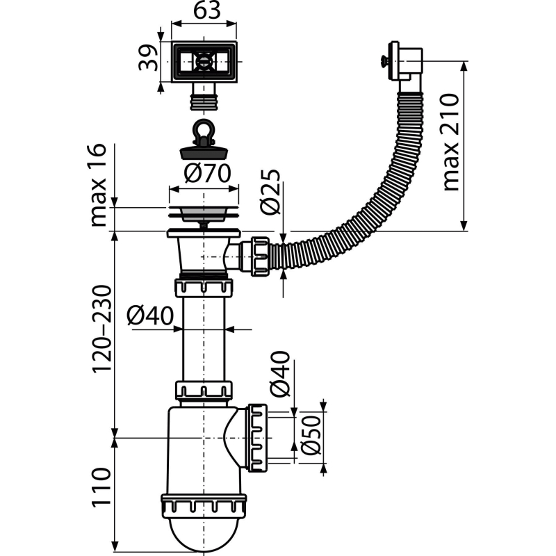 Sifon dřezový Alcadrain (Alcaplast) s nerezovou mřížkou DN70 a flexi přepadem A444-DN50/40