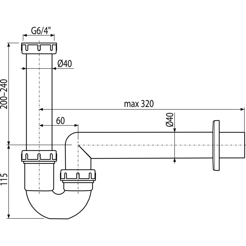 Sifon trubkový Alcadrain (Alcaplast) s převlečnou maticí 6/4˝ A80-DN40