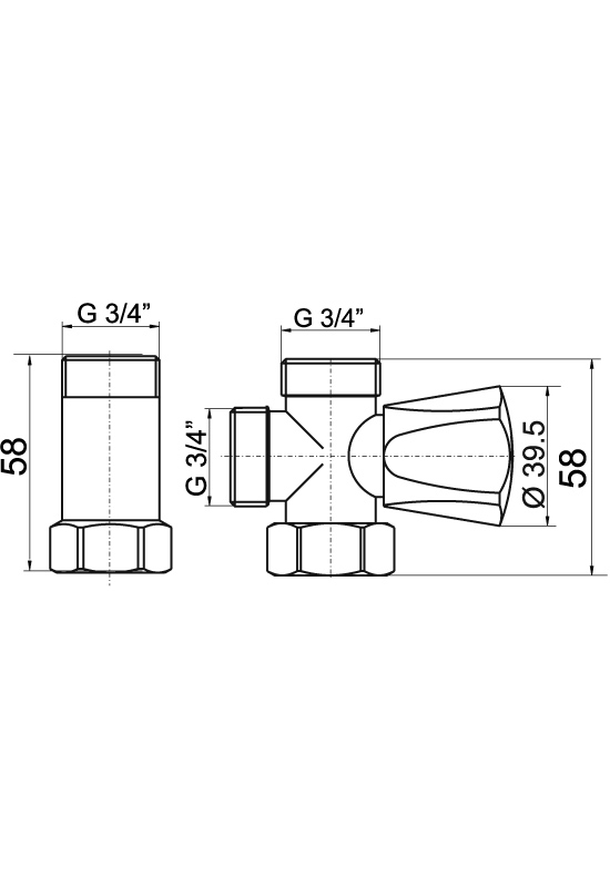 Pračkový ventil s mezikusem 3/4˝x3/4˝x3/4˝