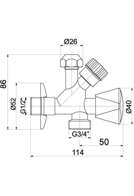 Kombinovaný roháček s ventilem pro pračku 1/2˝x3/8˝x3/4˝