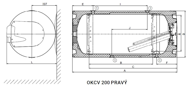 Ohřívač kombinovaný Dražice OKCV 200, 2,2 kW, závěsný vodorovný, pravý