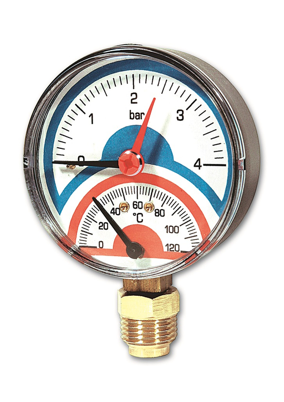 Termomanometr - axiální - 0 °C až +120 °C, včetně zpětné klapky 1/4˝Fx1/2˝M, D80, 0-4bar IVAR.TM 120 A