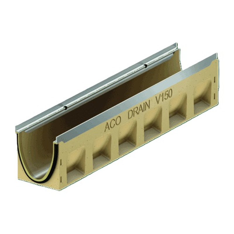Žlab odvodňovací polymerbetonový ACO Multiline V 150 S, s pozinkovanou hranou, délka 1000 mm, bez spádu 0.0.2, se svislým odtokem a integrovaným těsněním DN/OD 160