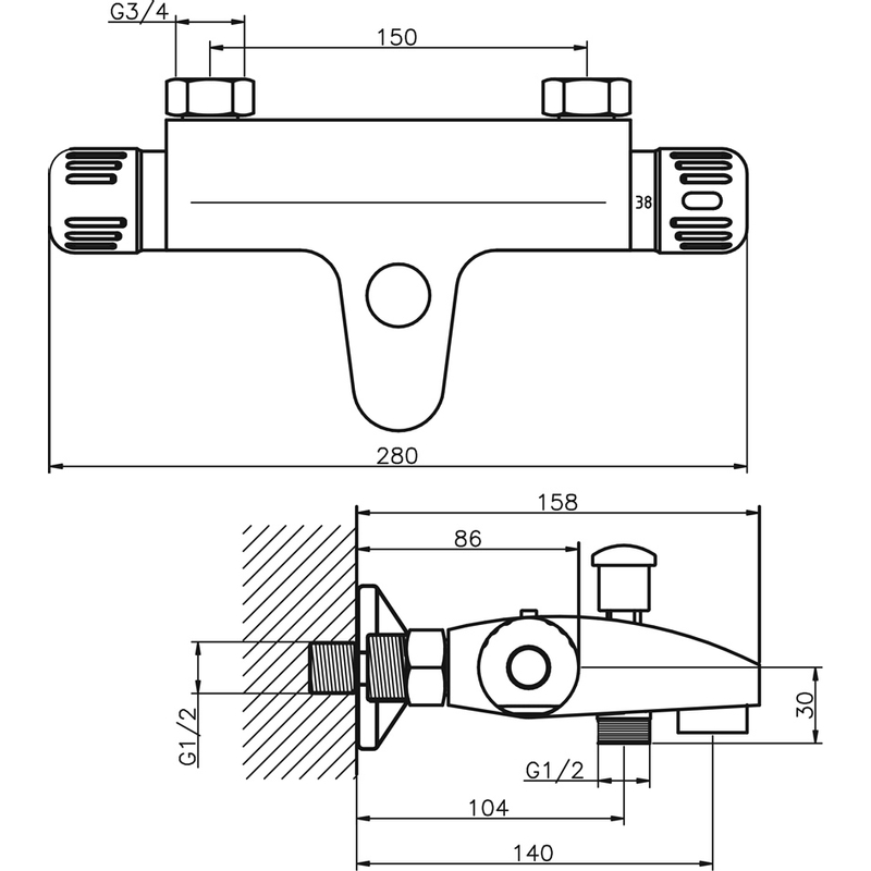 Vanová baterie termostatická bez příslušenství 150 mm