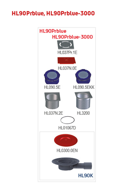 Podlahová vpust HL Hutterer & Lechner, DN40/50 s ležatým odtokem, s izolační přírubou, ZU Primus blue (suchý sifon), plast 123x123mm/nerez 115x115mm. Odpovídá normě ČSN EN 1253-8.