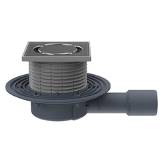 Podlahová vpust HL Hutterer & Lechner, DN40/50 s ležatým odtokem, s izolační přírubou, ZU Primus blue (suchý sifon), plast 123x123mm/nerez 115x115mm. Odpovídá normě ČSN EN 1253-8.