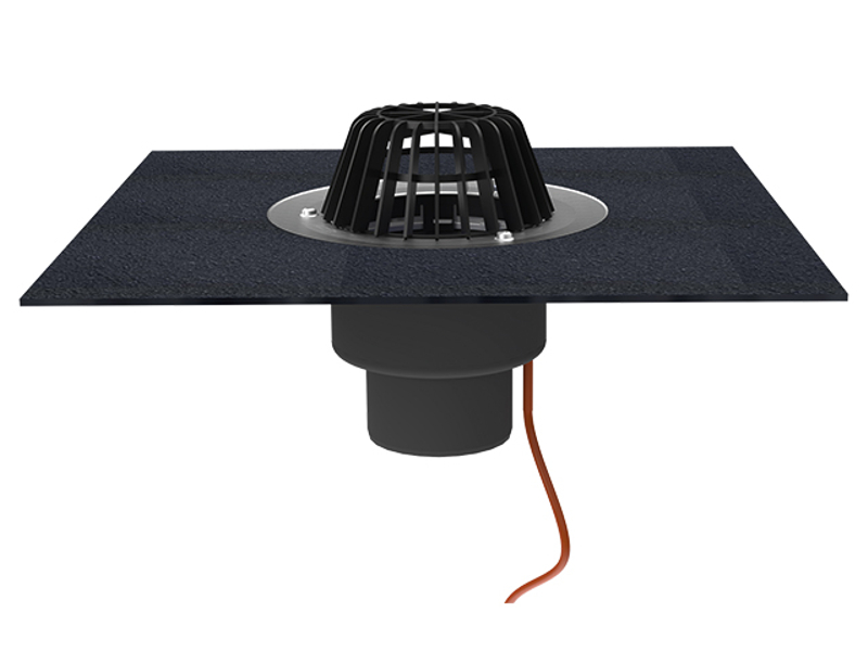 Střešní vtok HL Hutterer & Lechner, DN160 se svislým odtokem, s asfaltovou manžetou, s elektrickým ohřevem(10-30W, 230V). Záchytný koš standardní i plochý