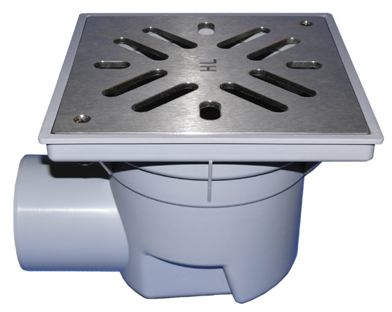 Velkokapacitní vpust HL Hutterer & Lechner, DN110 s ležatým odtokem, ZU standardní - vodní, koš na nečistoty, plast 240x240mm/nerez 226x226mm, L15