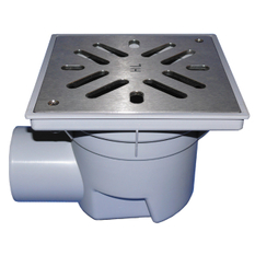 Velkokapacitní vpust HL Hutterer & Lechner, DN110 s ležatým odtokem, ZU standardní - vodní, koš na nečistoty, plast 240x240mm/nerez 226x226mm, L15